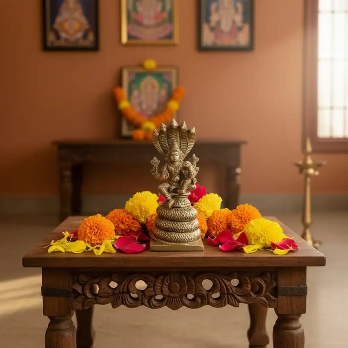 Seated Vishnu Lakshmi statue on brass Sheshnag, religious brass idol.