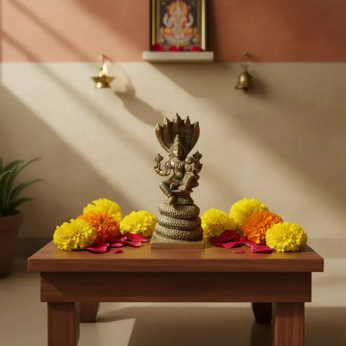 Seated Vishnu Lakshmi statue on brass Sheshnag, religious brass idol.