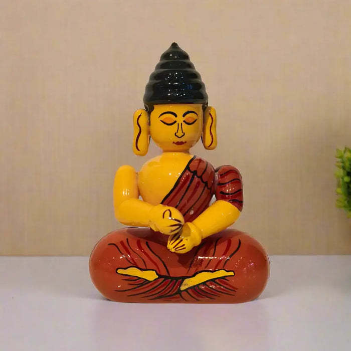 Serene Etikoppaka Lacquer Buddha - Meditating Yellow and Orange   Etikoppaka Lacquerware