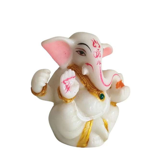 Serene White Marble-Finish Lord Ganesha Idol with Pink and Gold Accents   Marble Soft Stone