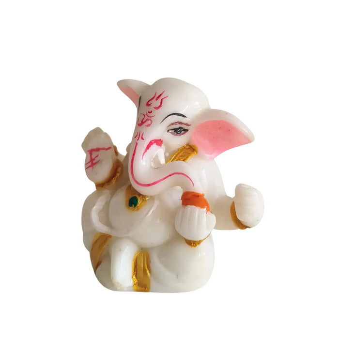 Serene White Marble-Finish Lord Ganesha Idol with Pink and Gold Accents   Marble Soft Stone