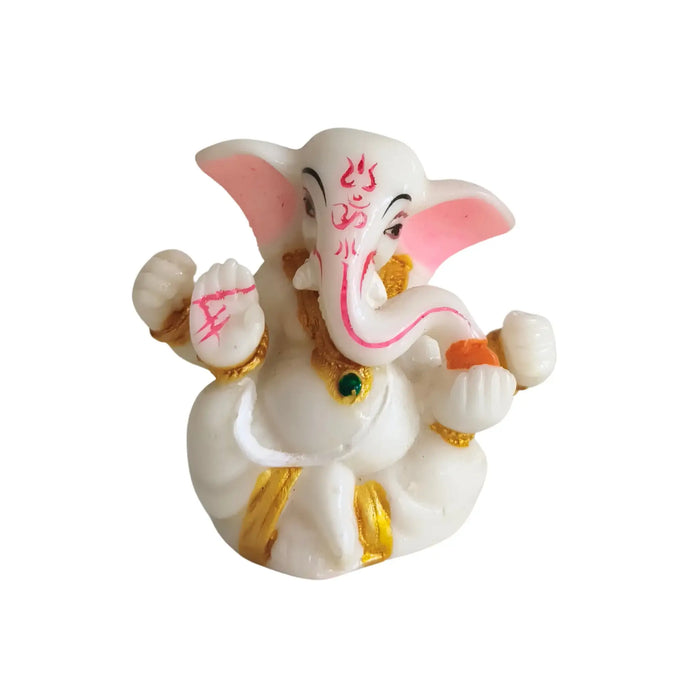 Serene White Marble-Finish Lord Ganesha Idol with Pink and Gold Accents   Marble Soft Stone