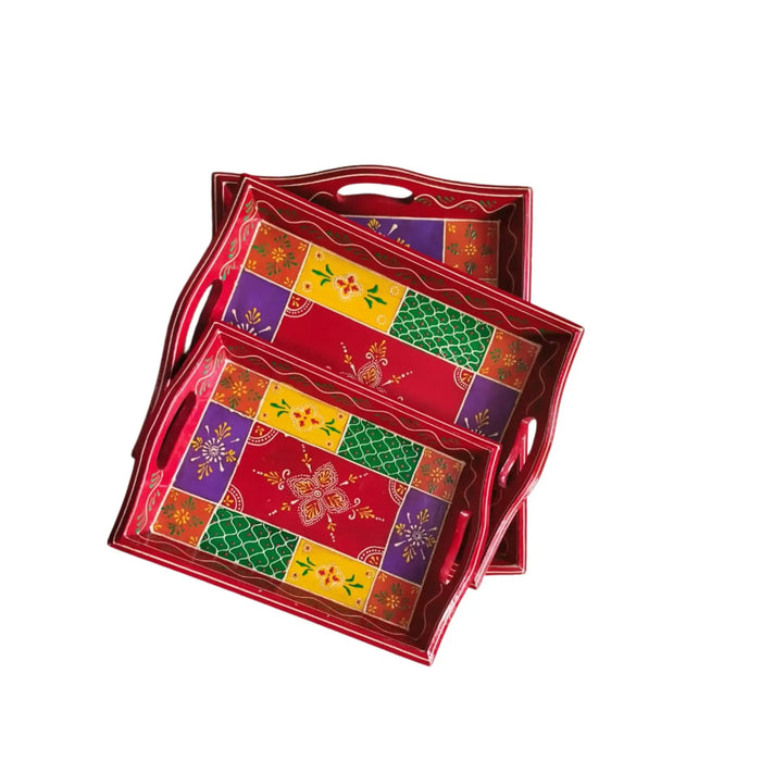 Set of 3 Hand-Painted Traditional Indian Decorative Serving Trays   Wood Decorative