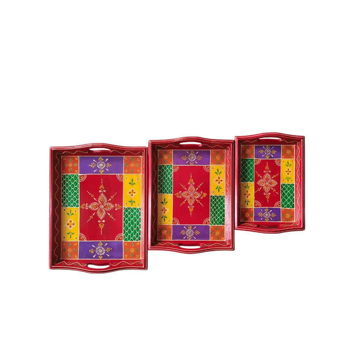 Set of 3 Hand-Painted Traditional Indian Decorative Serving Trays   Wood Decorative