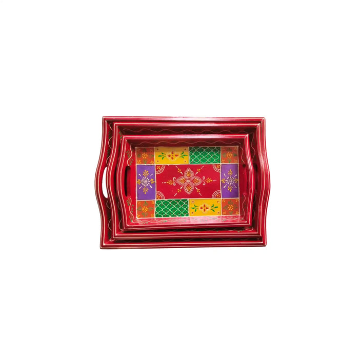 Set of 3 Hand-Painted Traditional Indian Decorative Serving Trays   Wood Decorative