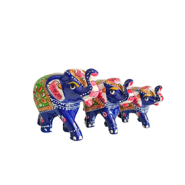 Set of 3 Hand-Painted Wooden Elephant Family Figurines - Royal Blue   Wood Decorative