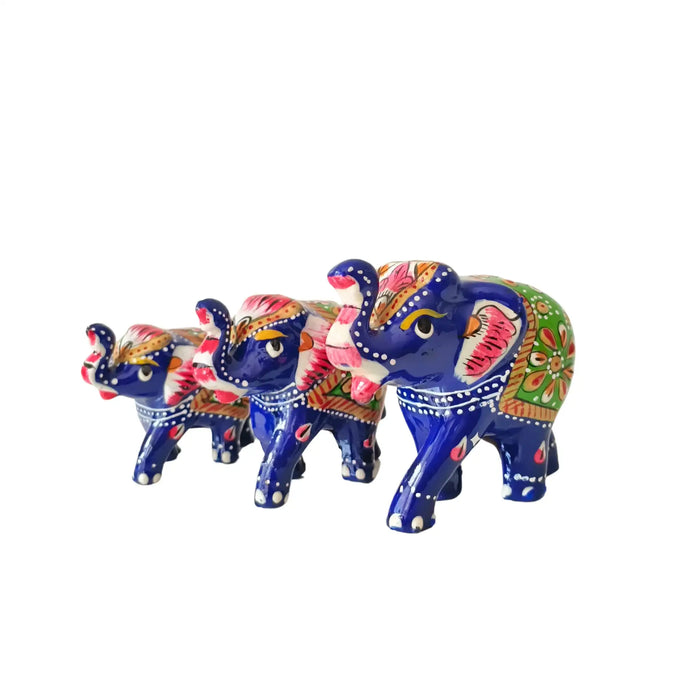 Set of 3 Hand-Painted Wooden Elephant Family Figurines - Royal Blue   Wood Decorative