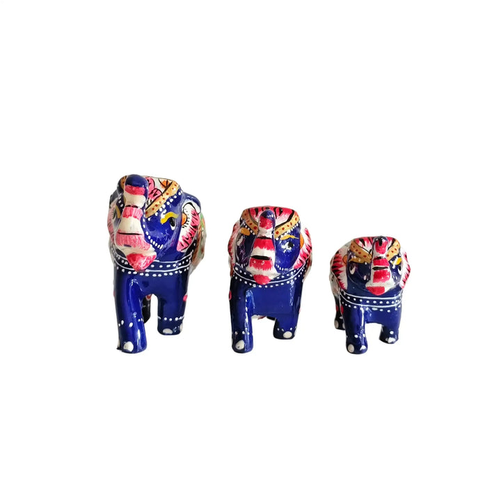 Set of 3 Hand-Painted Wooden Elephant Family Figurines - Royal Blue   Wood Decorative