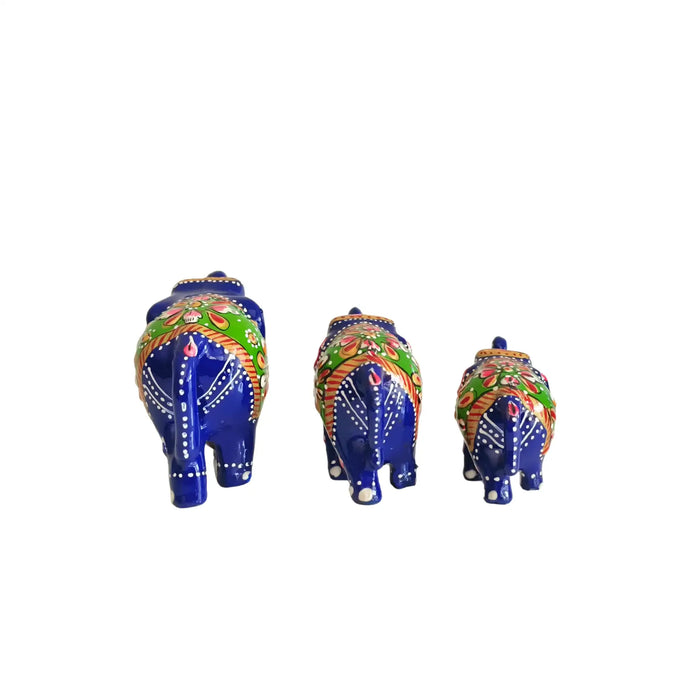 Set of 3 Hand-Painted Wooden Elephant Family Figurines - Royal Blue   Wood Decorative