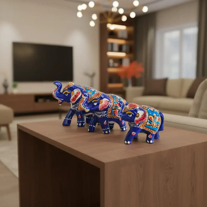 Set of 3 Hand-Painted Wooden Elephant Family Figurines - Royal Blue   Wood Decorative