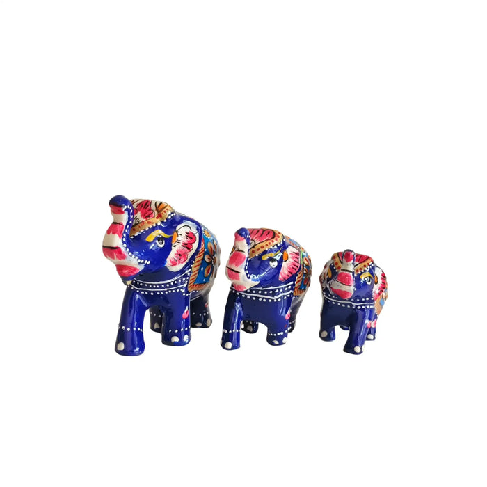Set of 3 Hand-Painted Wooden Elephant Family Figurines - Royal Blue   Wood Decorative