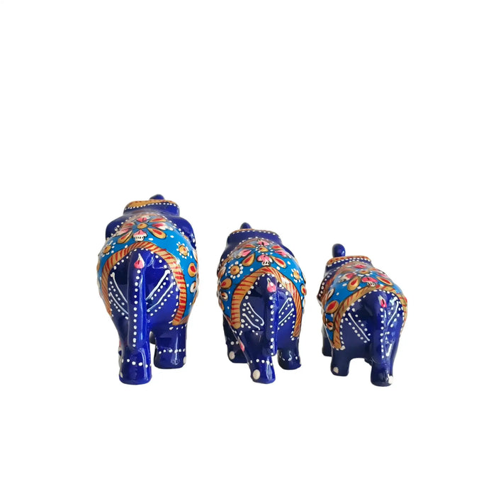 Set of 3 Hand-Painted Wooden Elephant Family Figurines - Royal Blue   Wood Decorative