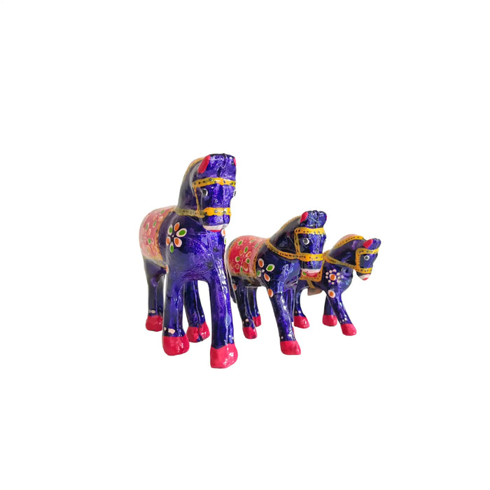 Set of 3 Hand-Painted Wooden Horses - Royal Blue & Pink Indian Folk Art Decor   Wood Decorative