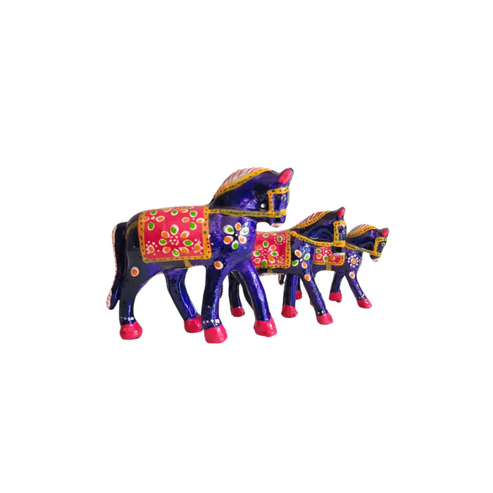 Set of 3 Hand-Painted Wooden Horses - Royal Blue & Pink Indian Folk Art Decor   Wood Decorative
