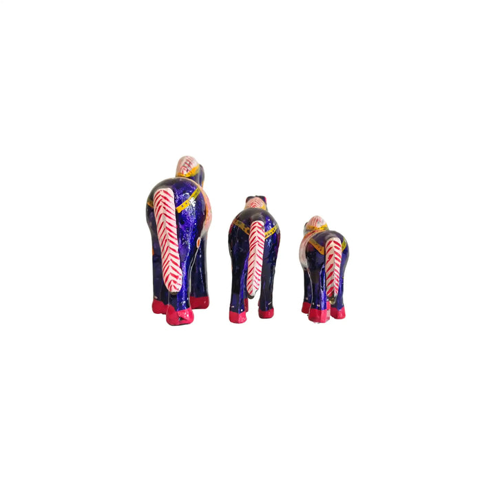 Set of 3 Hand-Painted Wooden Horses - Royal Blue & Pink Indian Folk Art Decor   Wood Decorative