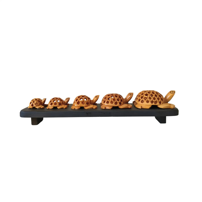 Set of Six hand-carved wooden turtles /Tortoise Family on Display Base   Wood Decorative