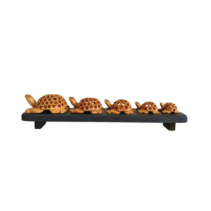 Set of Six hand-carved wooden turtles /Tortoise Family on Display Base   Wood Decorative