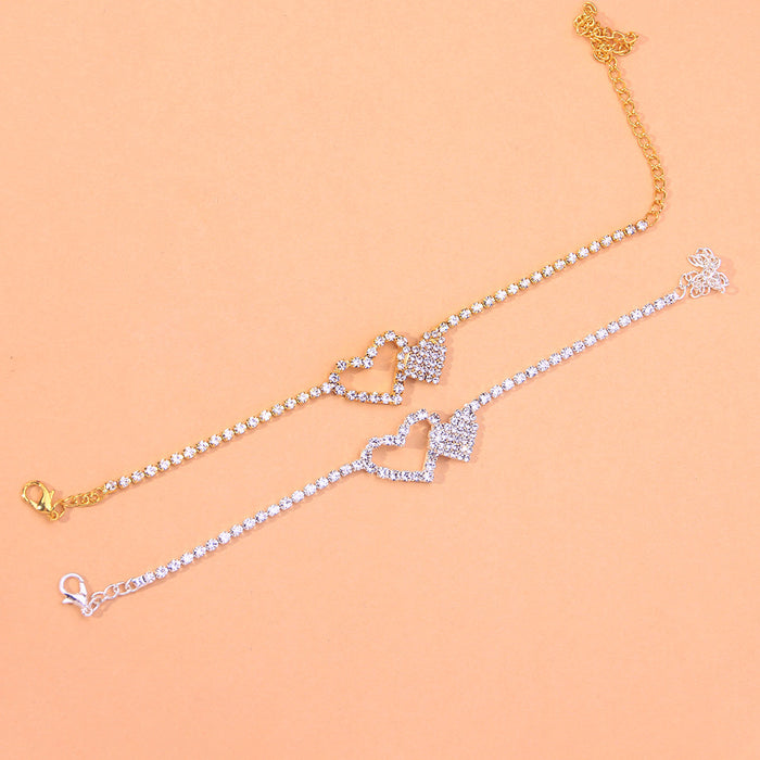 Sexy Anklet for Women Girls Double Heart Rhinestone Anklet Summer Beach Gift