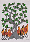 Six Guardian Birds and the Textured Silver Tree - Gond Painting   Paintings