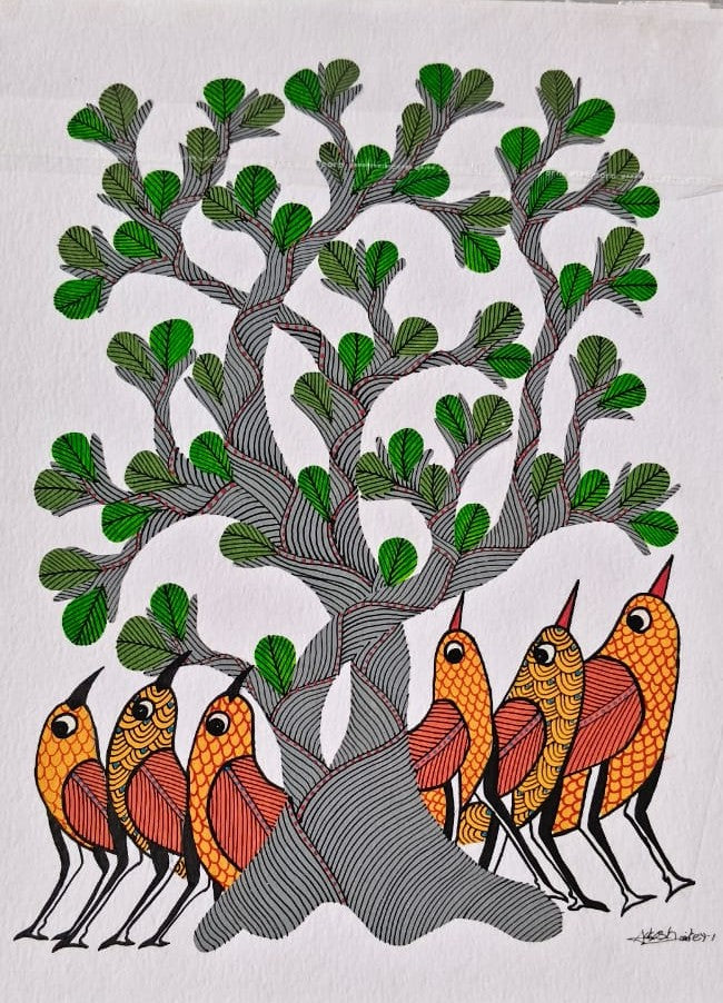 Six Guardian Birds and the Textured Silver Tree - Gond Painting   Paintings