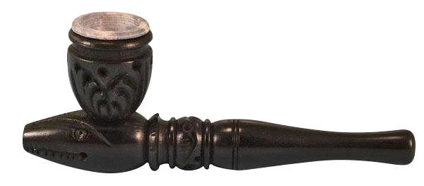 A side view of the Carved Wood Tobacco Pipe, showing the dark, intricately carved wood design.