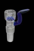 Front view of the Dual Use Glass Bowl with Handle showing a clear glass bowl with a blue flower screen and a curved blue handle against a black background.