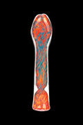 Glass cannabis oil rig with red and blue swirling patterns.