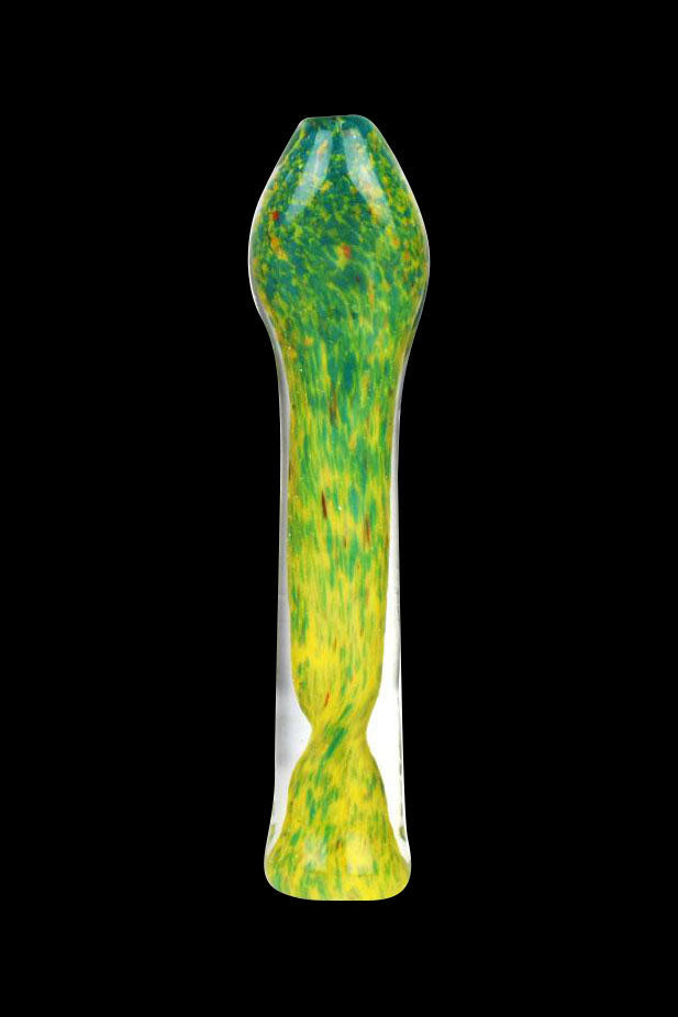 Green and yellow glass cannabis bubbler pipe against a black background.