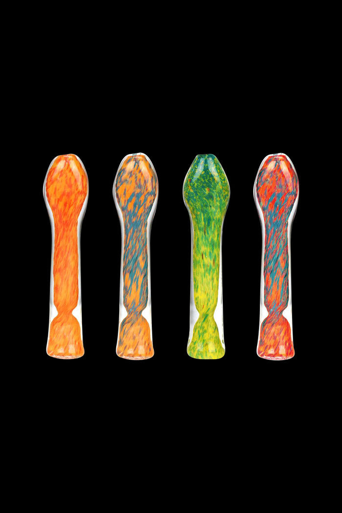 Front view of the Fritted Swirl Flat Mouth Glass Chillum, showcasing its colorful, swirled glass design against a dark background.