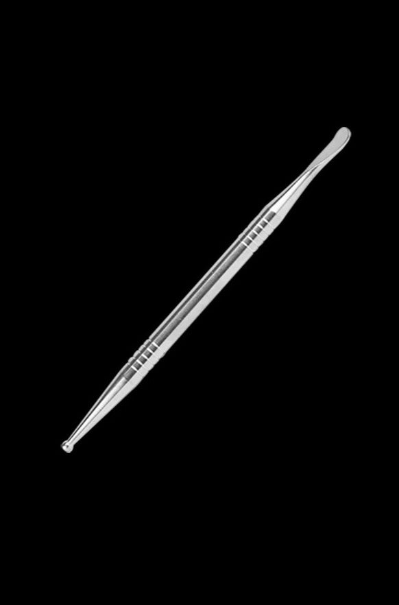 Angled close-up of the Grade 2 Titanium Vape Tool Dabber shown diagonally on a black background, highlighting its polished double-ended tips and knurled grip.