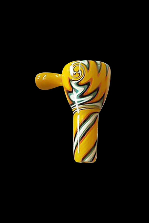 Hand-blown glass pipe with swirling orange and green patterns.