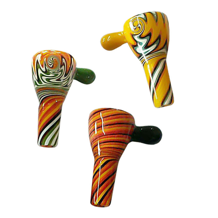 Colorful glass pipes with swirling patterns and black mouthpieces.