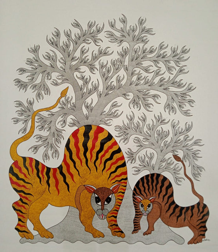 Solar Spirit – Crimson Tiger Gond Art   Paintings