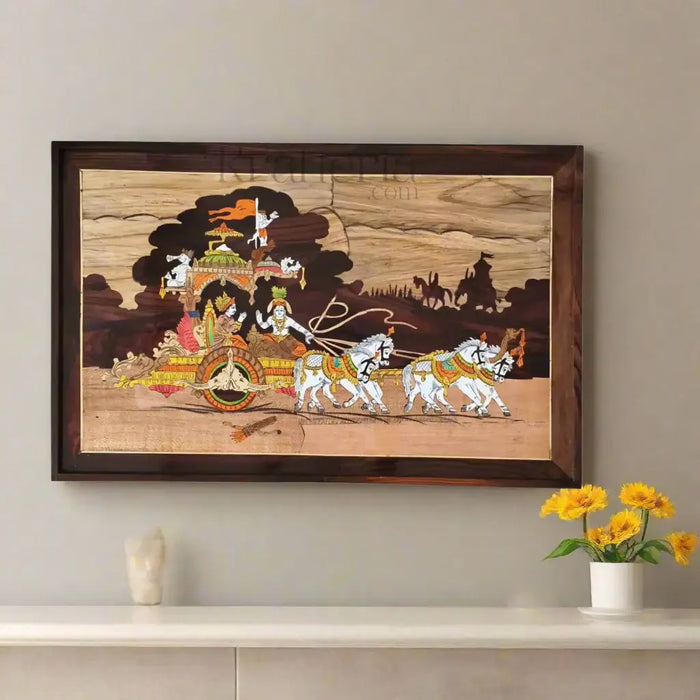 Spiritual Inlay Panel – Bhagavad Gita Depiction in Wood   Inlay Art