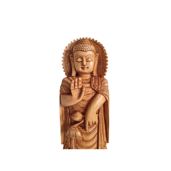 Standing Hand-Carved Wooden Buddha Statue in Abhaya Mudra   Wood Decorative