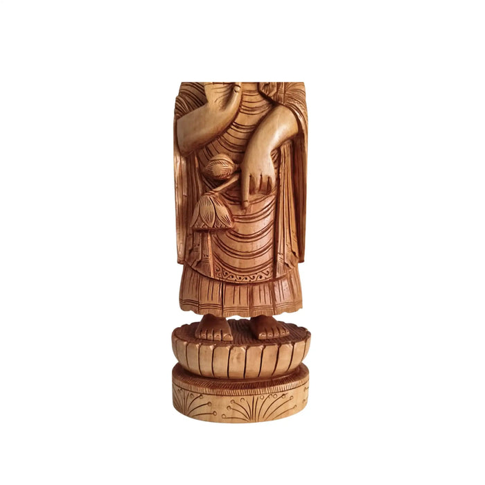 Standing Hand-Carved Wooden Buddha Statue in Abhaya Mudra   Wood Decorative
