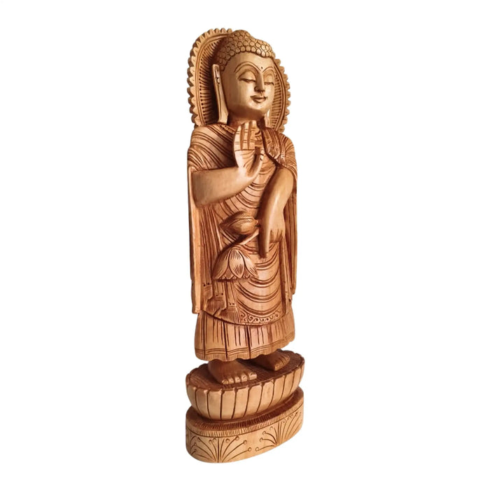 Standing Hand-Carved Wooden Buddha Statue in Abhaya Mudra   Wood Decorative