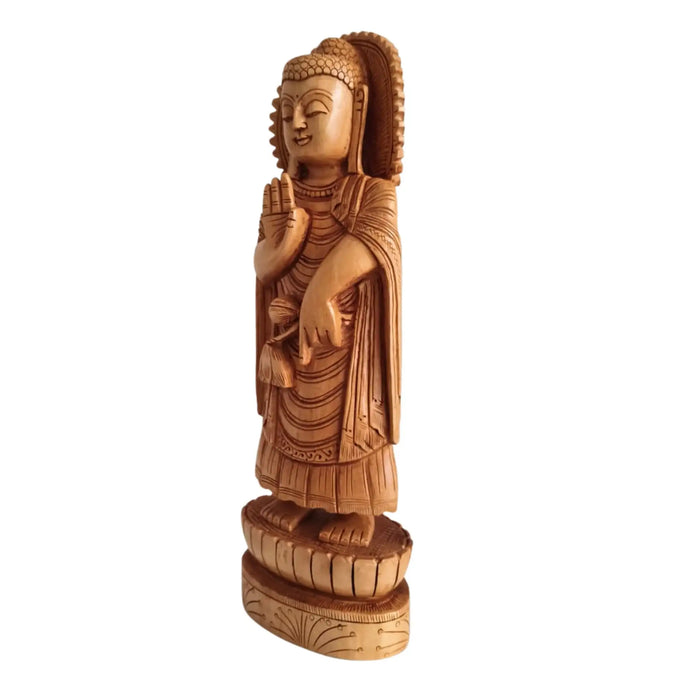 Standing Hand-Carved Wooden Buddha Statue in Abhaya Mudra   Wood Decorative