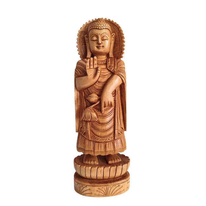 Standing Hand-Carved Wooden Buddha Statue in Abhaya Mudra   Wood Decorative
