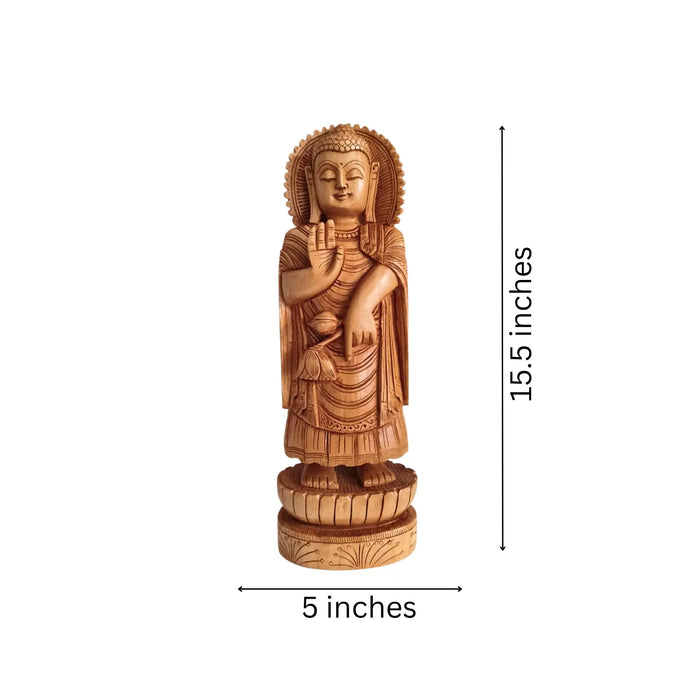 Standing Hand-Carved Wooden Buddha Statue in Abhaya Mudra   Wood Decorative