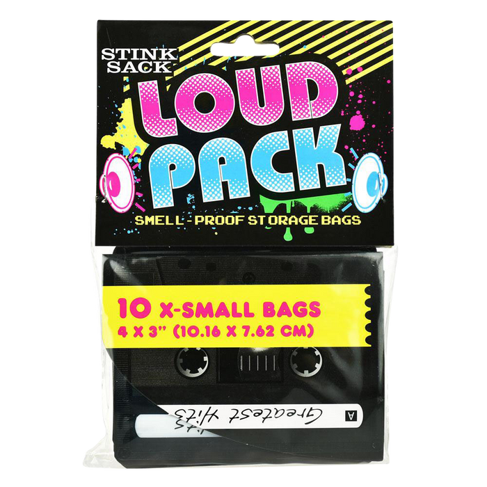 Front view of the “Stink Sack Loud Pack Smell-Proof Storage Bags - 10 Pack” packaging with bold text on a vibrant, patterned background.