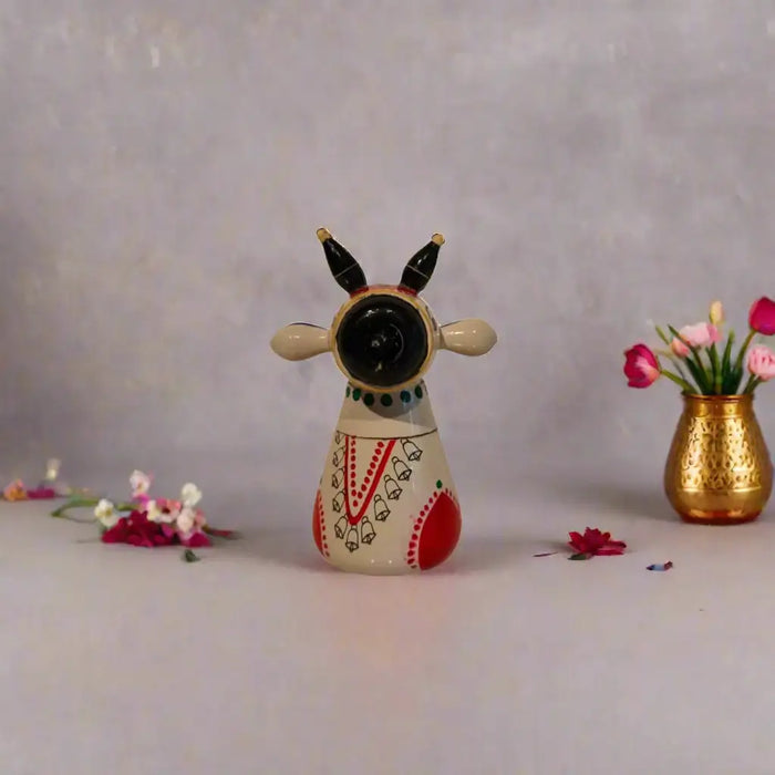 Stylized Etikoppaka Lacquer Nandi/Bull - White and Red   Etikoppaka Lacquerware