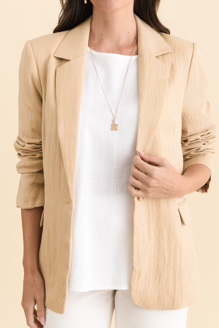 Sutton Beige Collared Blazer,Brunette model,alt text|model:MJ
