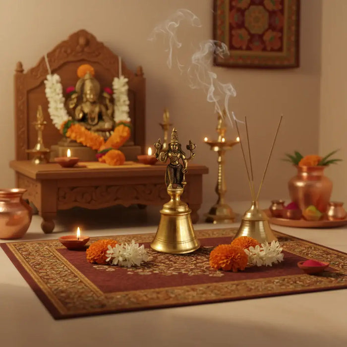 Brass bell with Vishnu handle, perfect for home decor.
