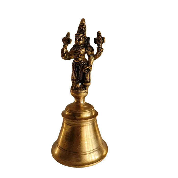 Brass temple bell with Vishnu handle, ideal home decor.