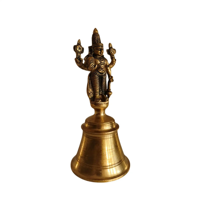 Brass temple bell with Vishnu handle, perfect home decor.