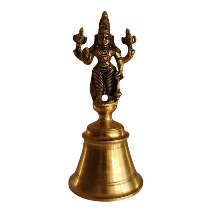Brass temple bell with Vishnu handle, perfect for home decor.