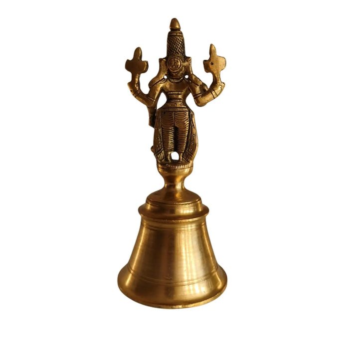 Ornate brass temple bell with a detailed Vishnu handle, perfect for home decor.
