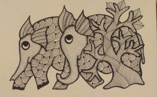 The Eternal Bond – Authentic Gond Elephant and Tree of Life Art   Paintings