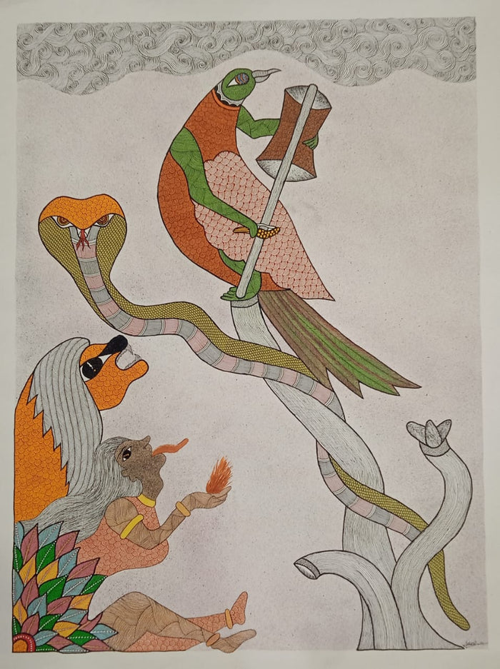 The Forest Messenger and Sacred Cobra - Gond Painting   Paintings